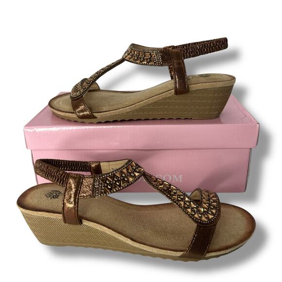 NEW GC Shoes Sandals Size 8 Brown rhinestone Embellished Low Wedge Strappy Boho - Picture 3 of 13